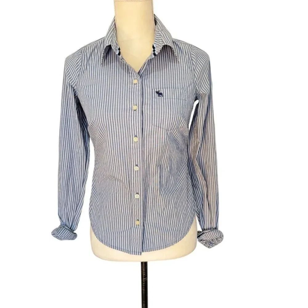 Abercrombie & Fitch Women's S Blue Striped Cotton Button-Up Shirt Long Sleeve